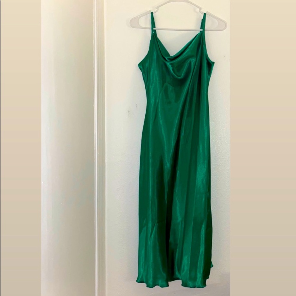 Bright green satin slip dress